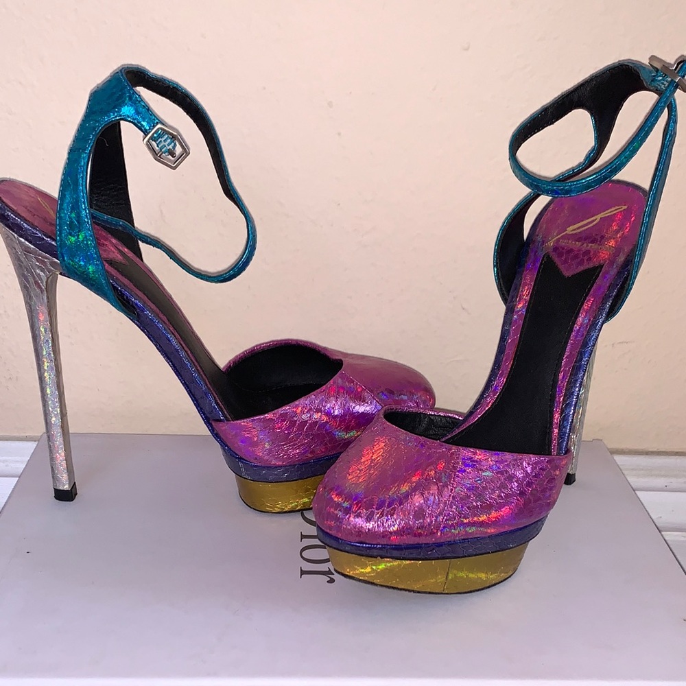 Brian Atwood Snakeskin Pink, Teal & Gold Platform Stilettos